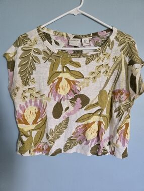 Rachel Zoe Floral Linen Short Sleeve Crop Top in White, Pink & Olive